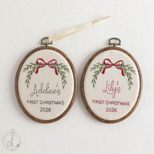 Newborn Christmas Gift | Baby’s First Christmas Name Hoop | Embroidered Red Bow | E27