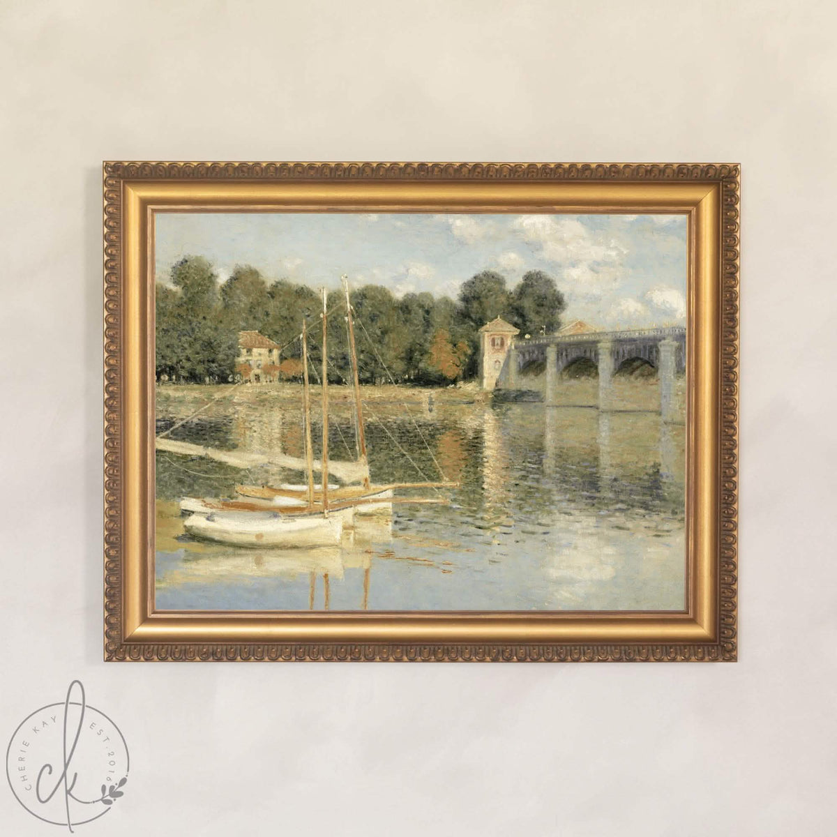 Sailboat Wall Art | Monet Bridge at Argenteuil | Ornate Gold Framed Canvas | N210