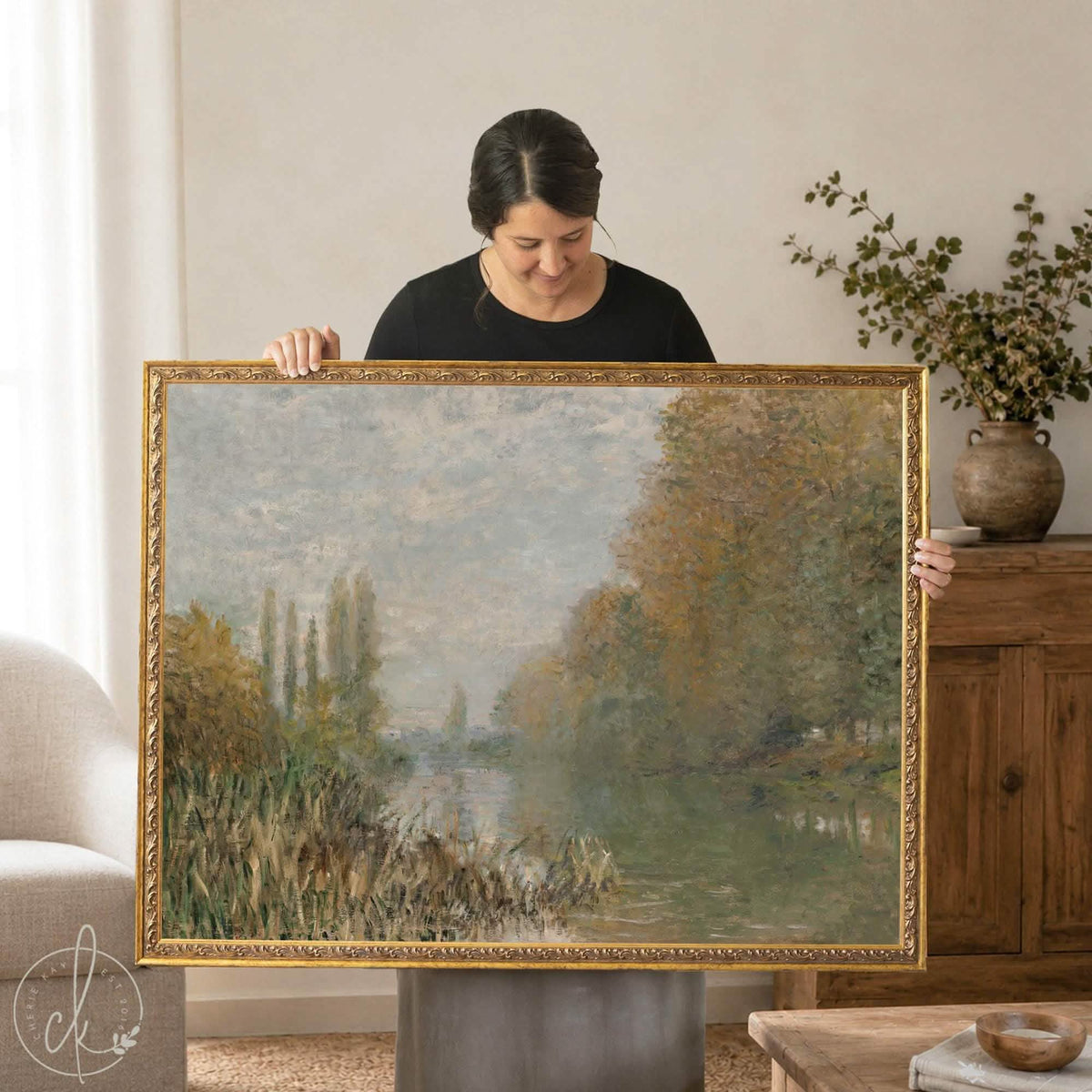 Monet artwork of an autumn river at Argenteuil with golden trees, poplars and reeds, in an ornate gold frame