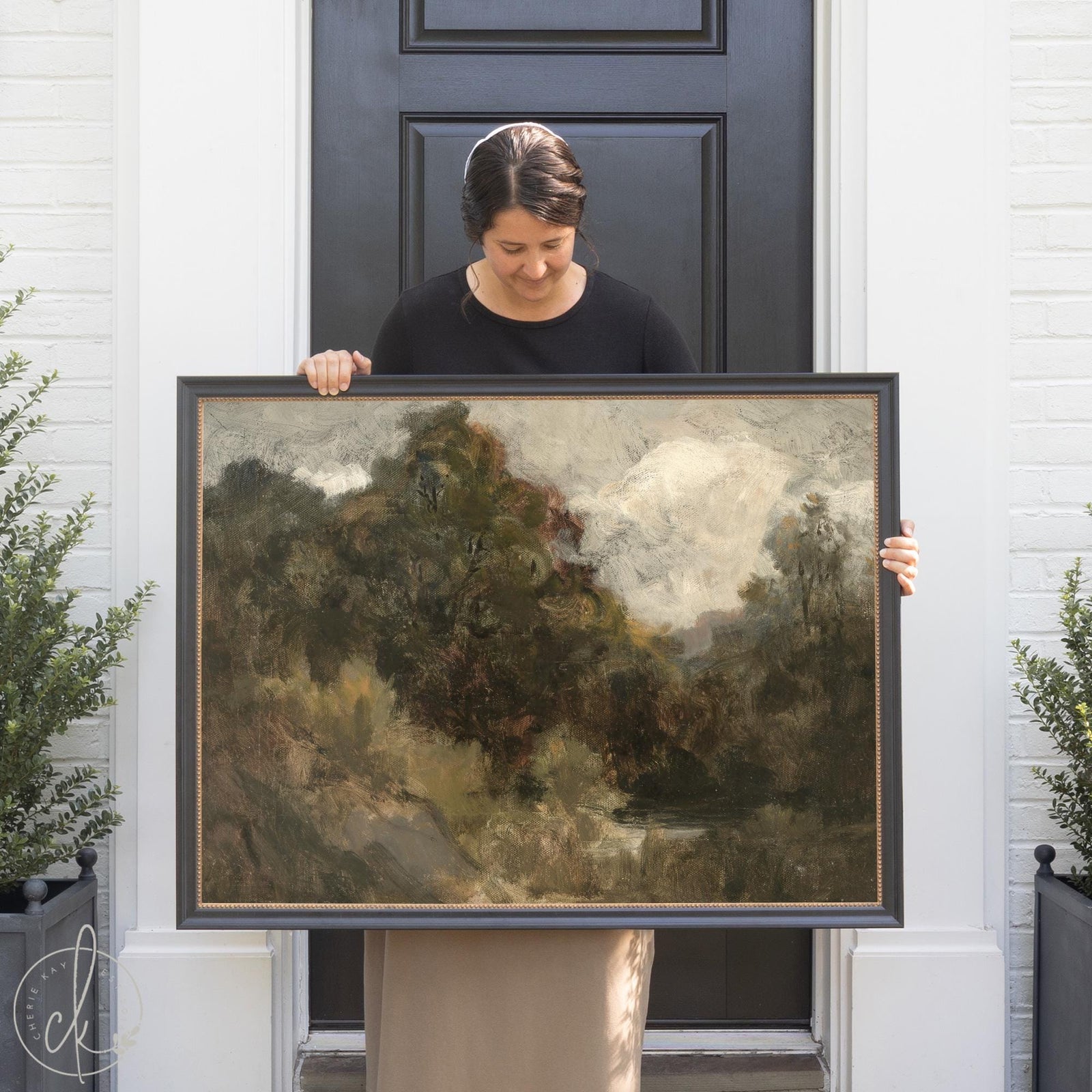 Framed impressionist artwork featuring a moody vintage landscape in ornate gold or black frame, ideal for large wall art in living room or entryway