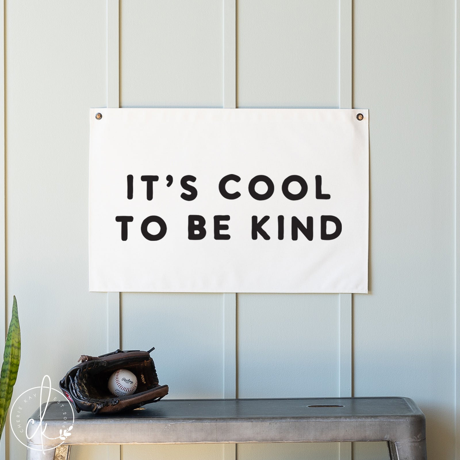 Motivational banner with 'It's cool to be kind' text on a wall with a baseball glove and ball below.
