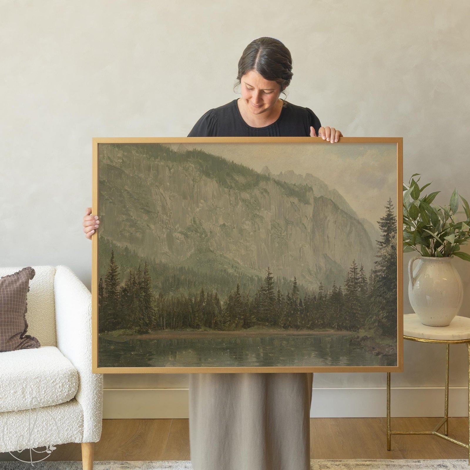 Lake and mountains painting in gold frame showing alpine landscape with pine trees reflected in calm water, vintage oil painting style artwork for wall decor
