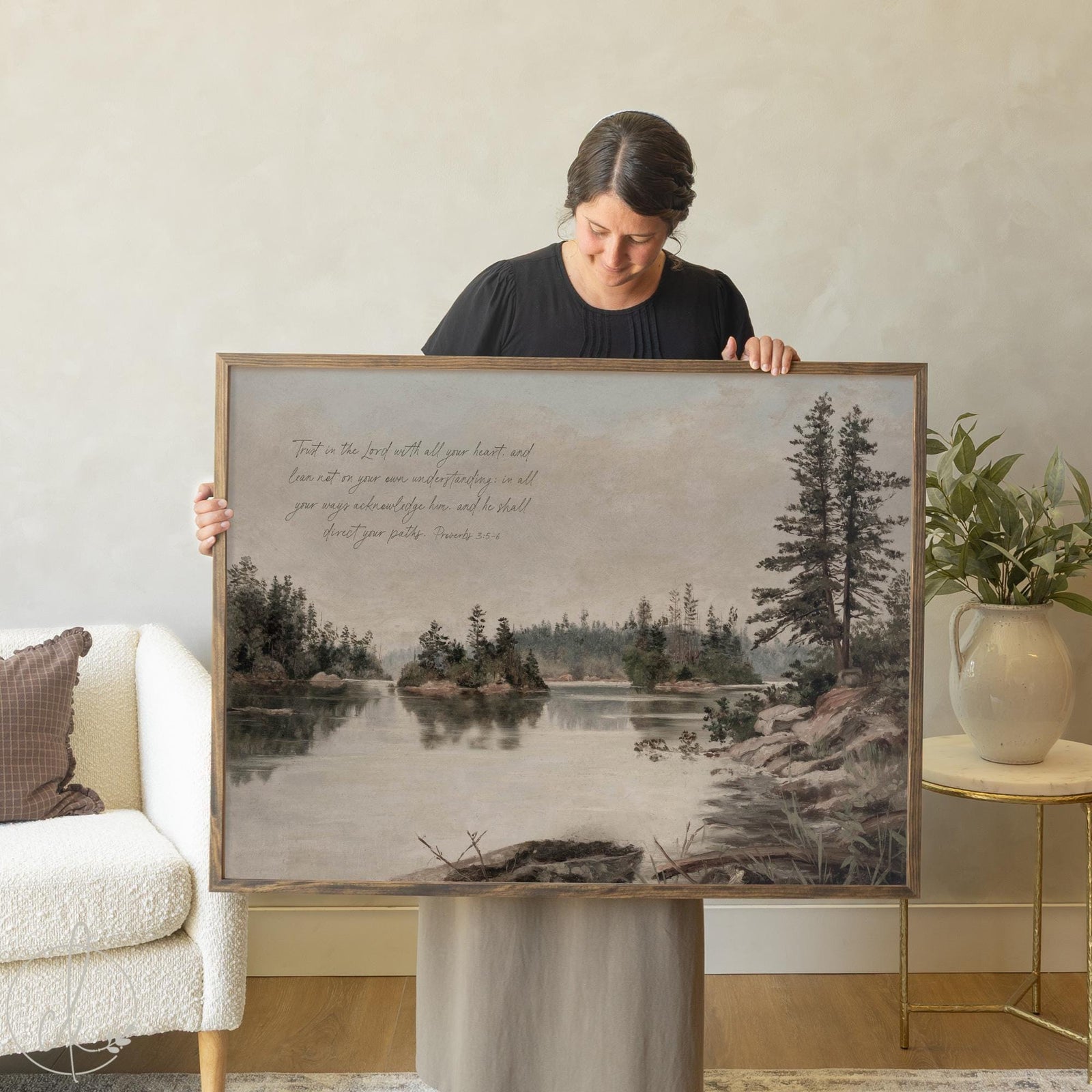 Lake wall art framed canvas with Proverbs 3:5-6 Bible verse over pine tree and lake scene