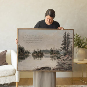 Lake wall art framed canvas with Proverbs 3:5-6 Bible verse over pine tree and lake scene