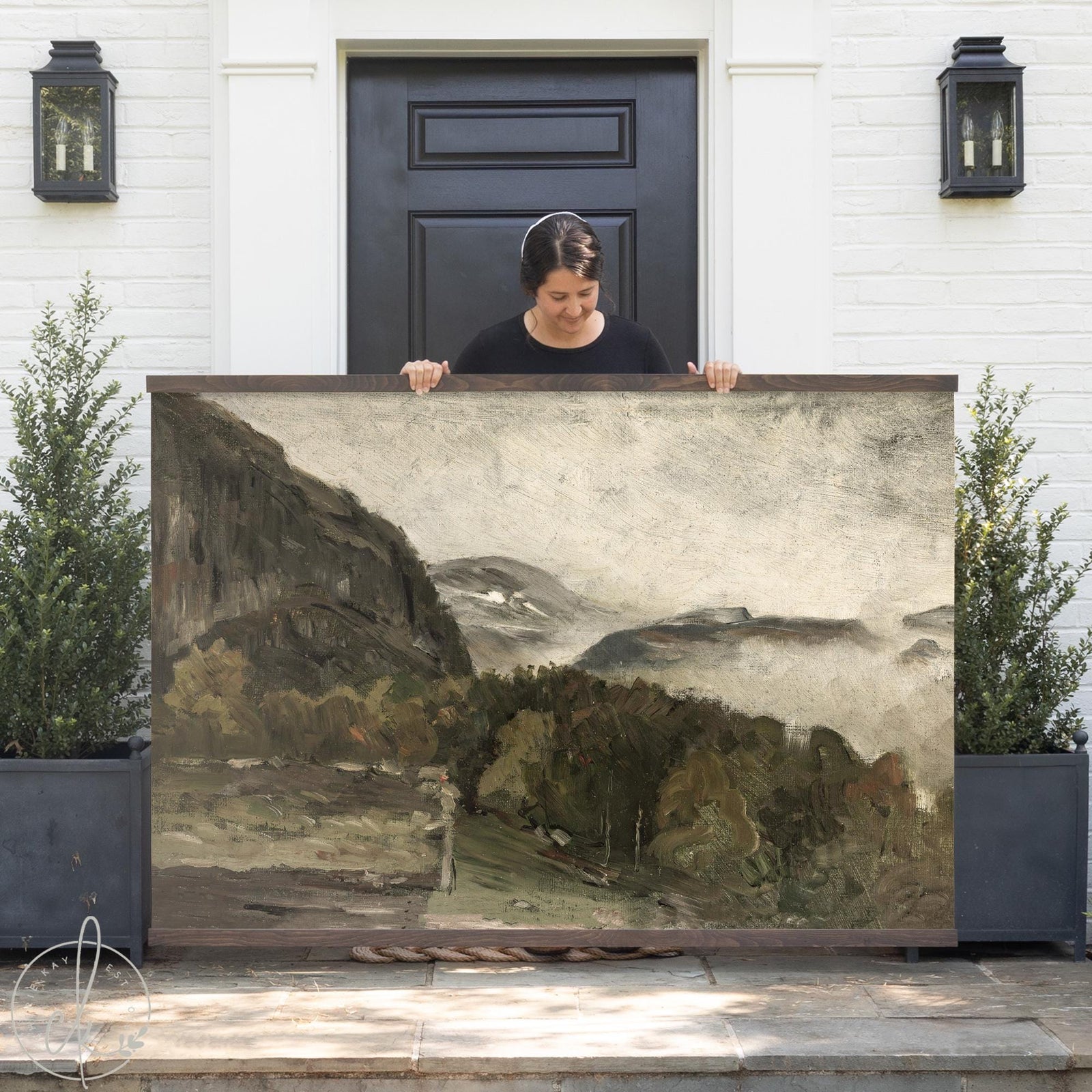 Moody large mountain wall art on canvas featuring scenic landscape in neutral tones, perfect for living room or bedroom decor.