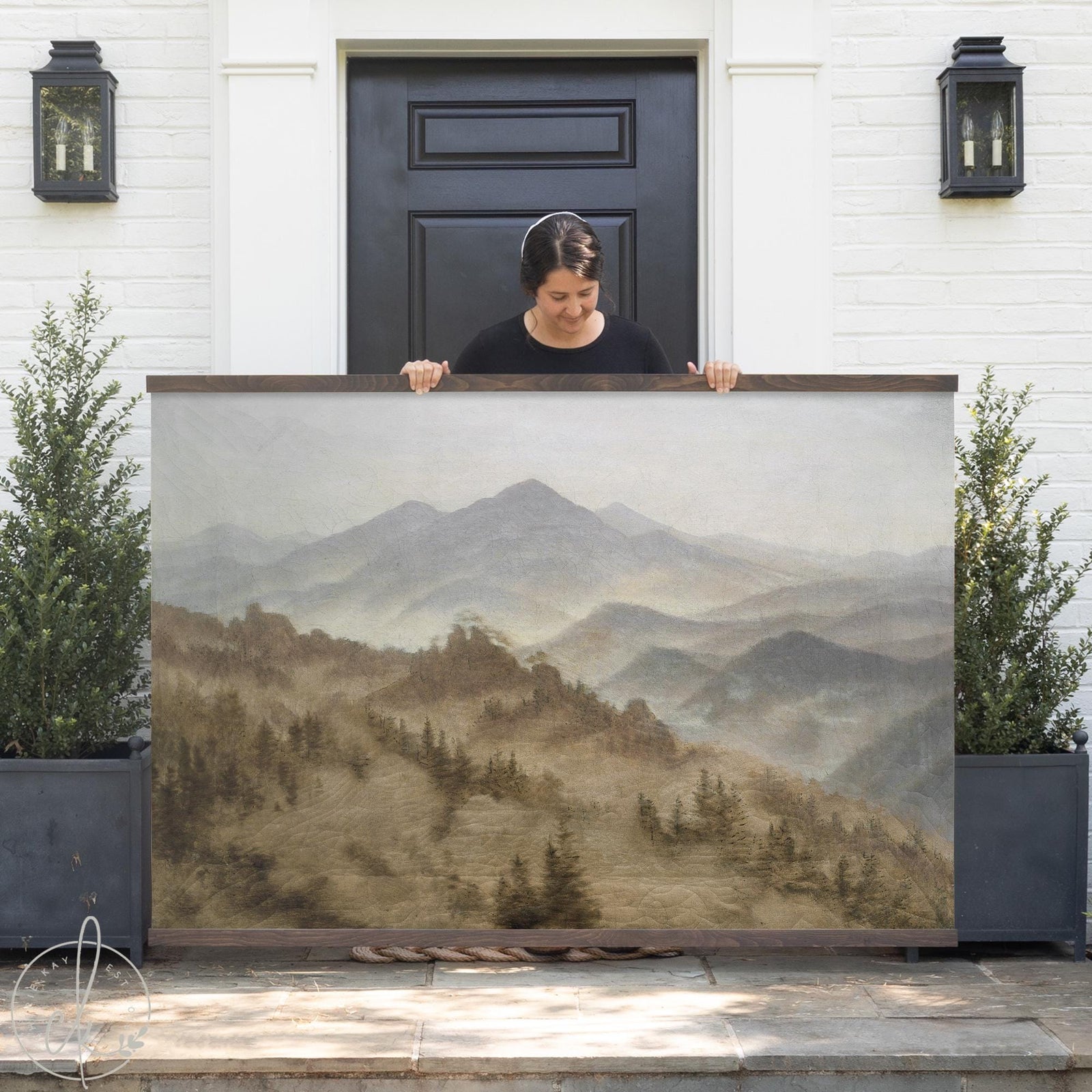 Large mountain wall art canvas tapestry with framed mountain landscape for living room