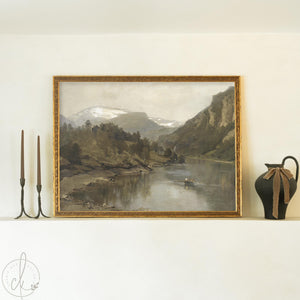 Framed landscape painting of a river and mountains in a gold frame, large vintage wall art for living room or hallway.