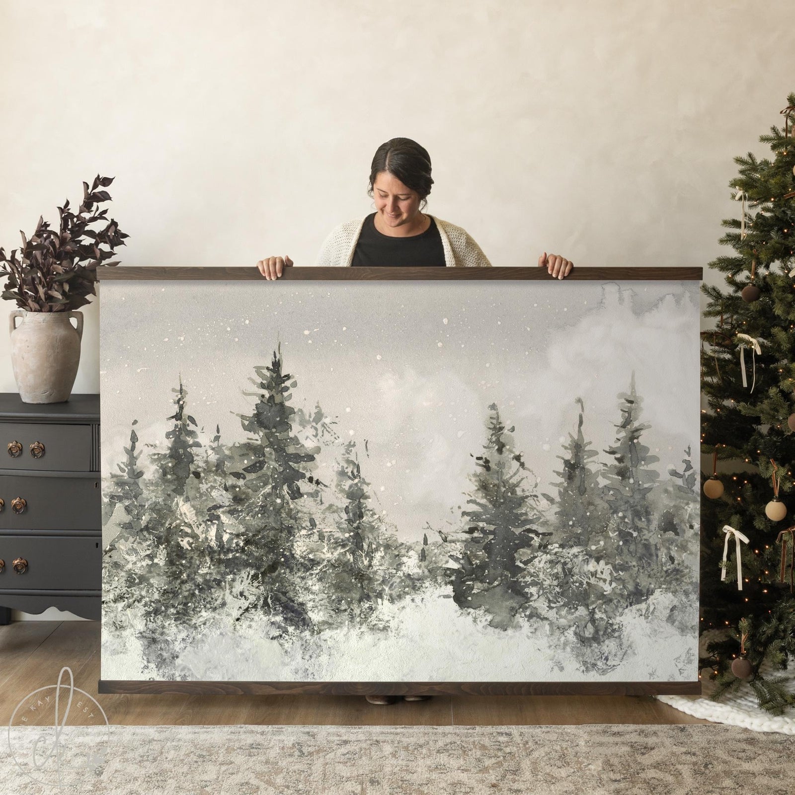Large winter wall art snowy pine forest canvas, holiday Christmas tree wall hanging for seasonal home decor