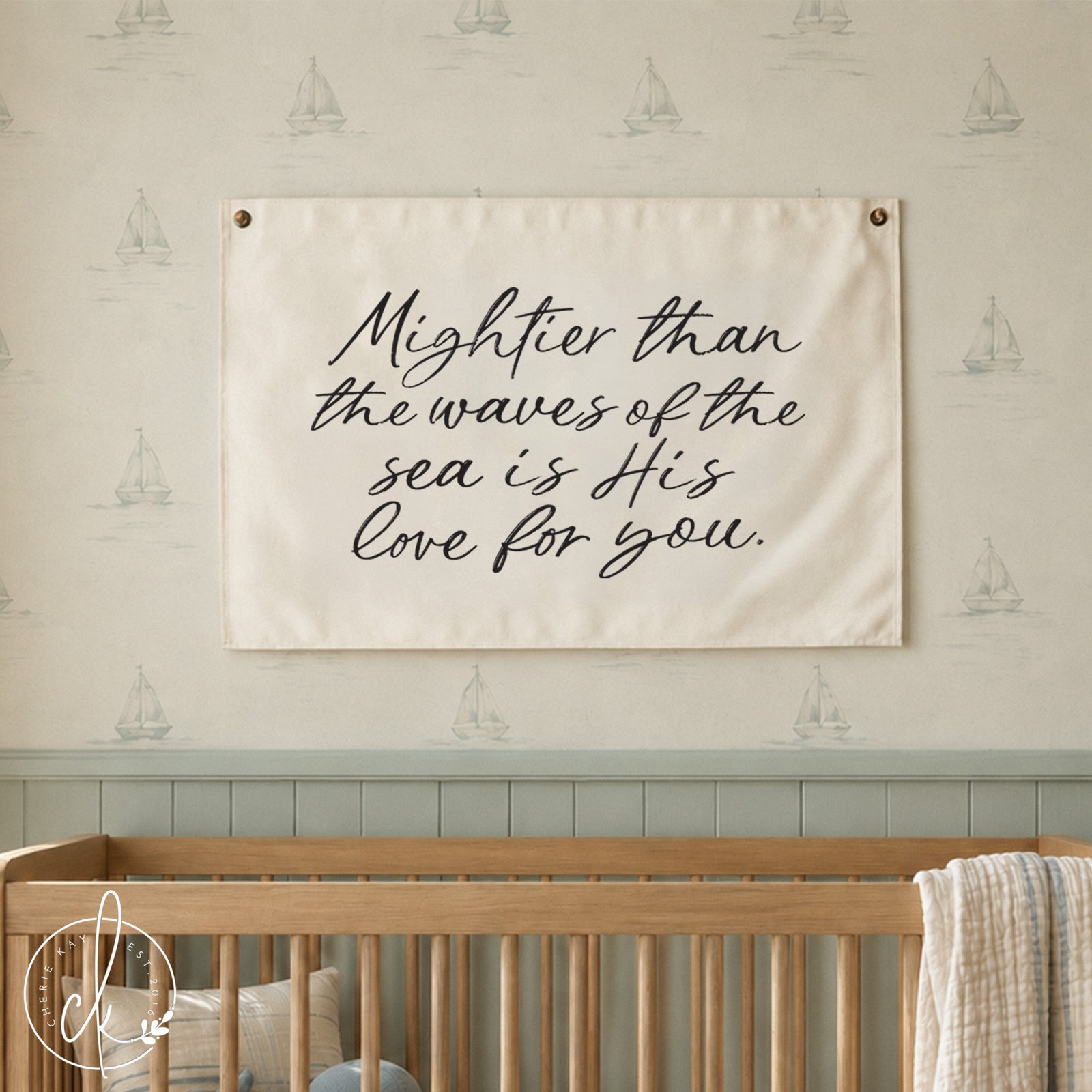 Mightier Than The Waves Of The Sea Is His Love For You printed on a canvas flag