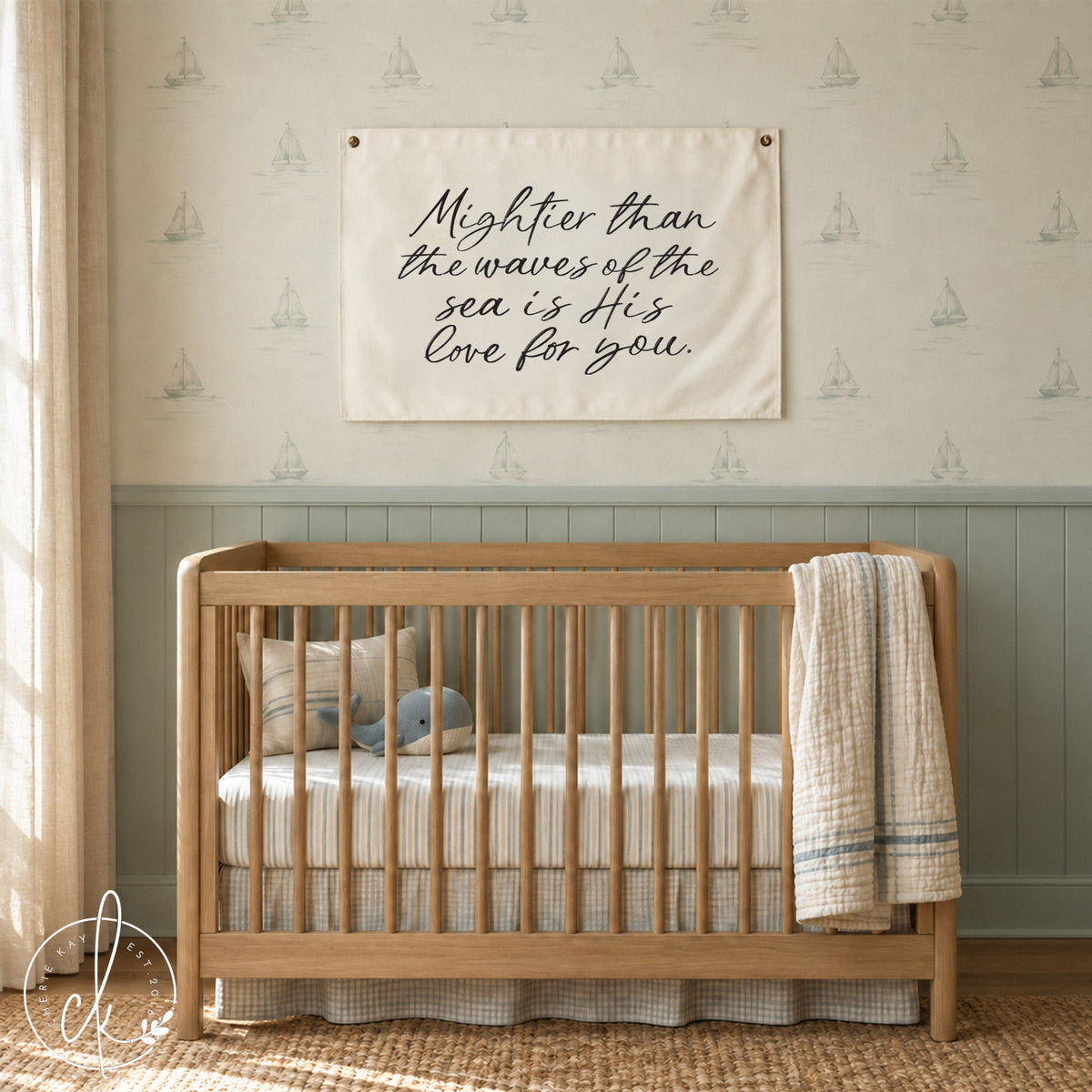 Mightier Than The Waves Of The Sea Is His Love For You printed on a canvas flag