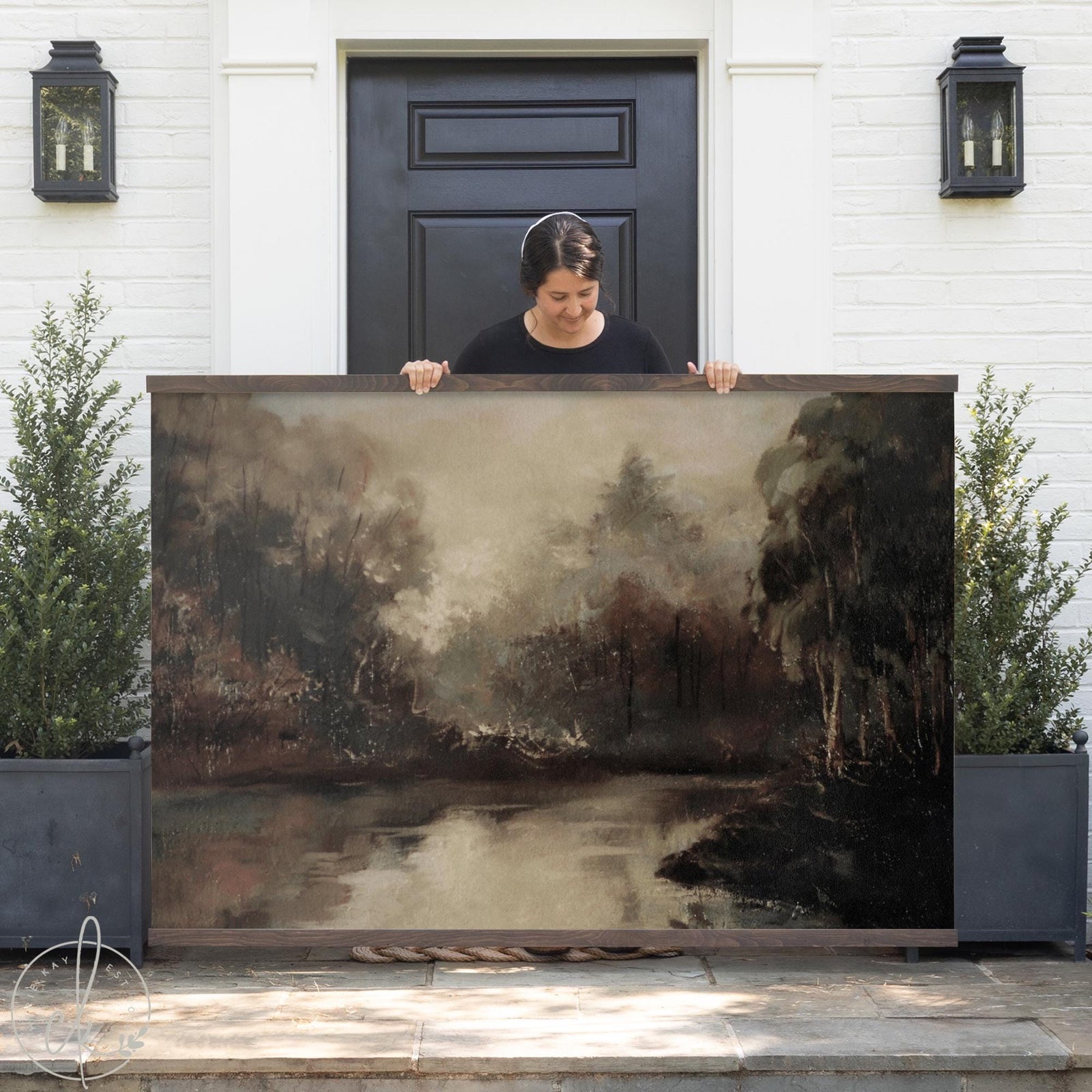 Moody autumn forest painting on canvas, large wall art for living room with golden fall trees and landscape scene.