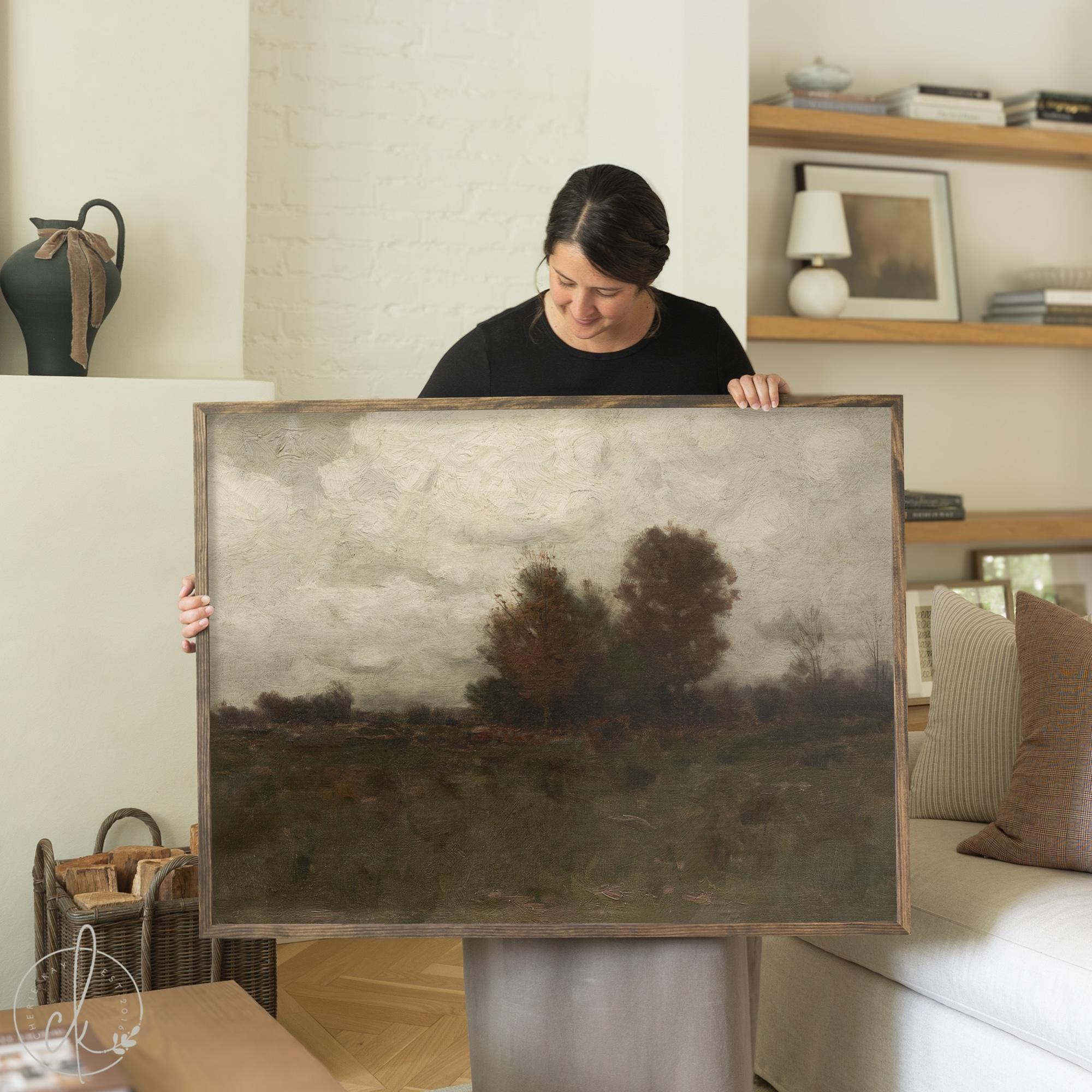 Moody landscape art with autumn trees and cloudy sky framed oil painting for living room wall decor