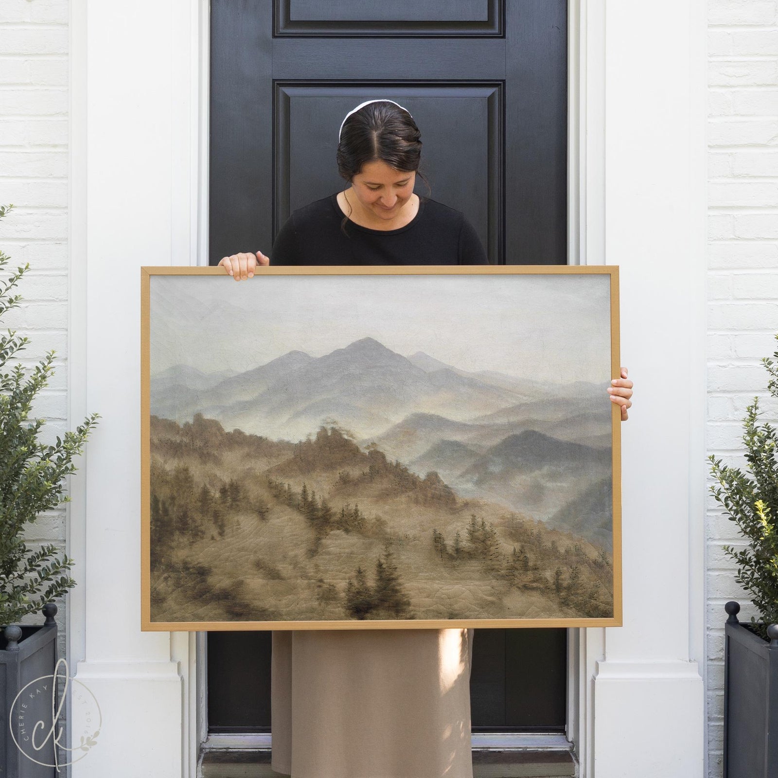 Large mountain scene painting framed canvas wall art for living room or bedroom decor