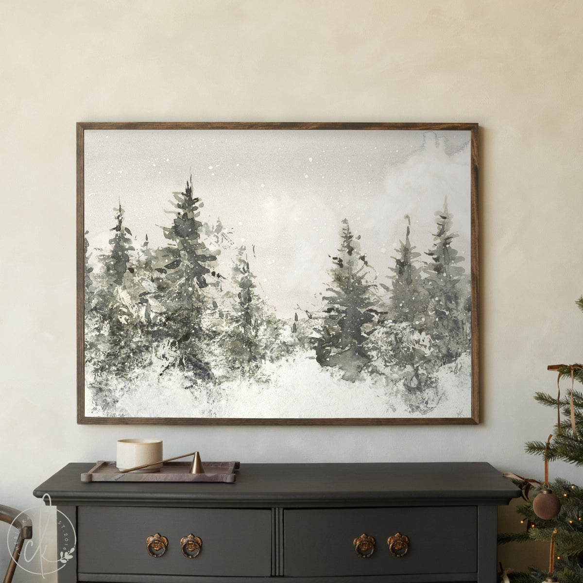 Christmas Tree Wall Art | Snowy Pine Tree Painting | Entryway Christmas Wall Decor | N103