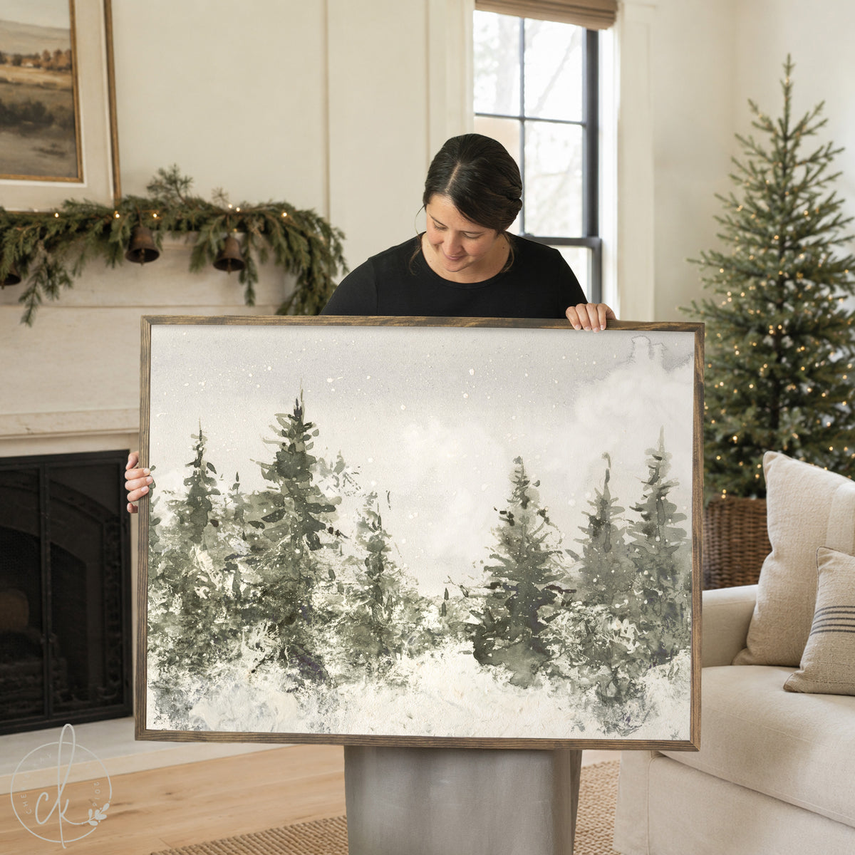 Christmas Tree Wall Art | Snowy Pine Tree Painting | Entryway Christmas Wall Decor | N103