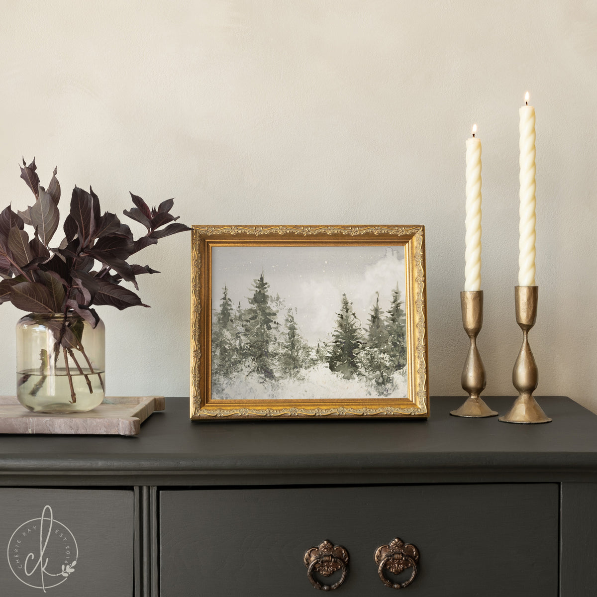 Winter Landscape Painting | Neutral Christmas Wall Decor | Framed Snowy Forest Art | N103