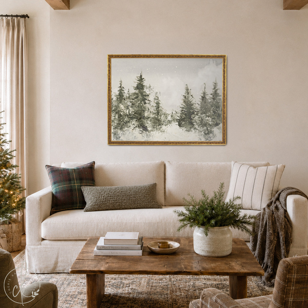 Winter Landscape Painting | Neutral Christmas Wall Decor | Framed Snowy Forest Art | N103