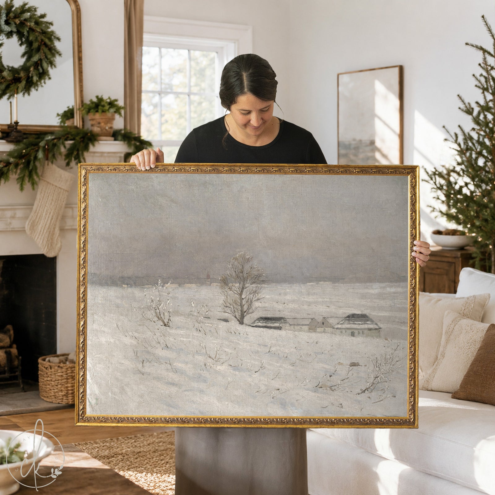 Framed snowy landscape painting with farmhouse in winter field — neutral wall art for living room or Christmas decor.