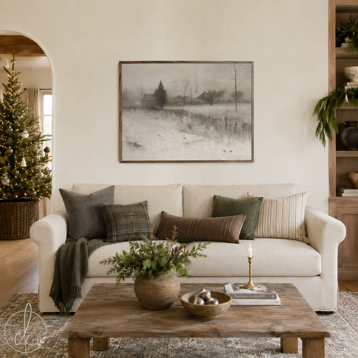 Snowy Landscape Painting | Large Neutral Wall Art | Framed Winter Landscape | N108
