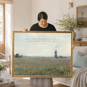 Impressionist landscape art of a poppy field with Psalm 100:4 scripture in an ornate gold frame