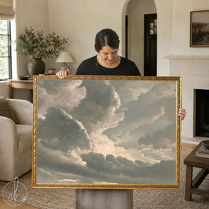 Vintage Sky Painting | Framed Cloud Canvas Wall Art | Moody Above Bed Decor | N114