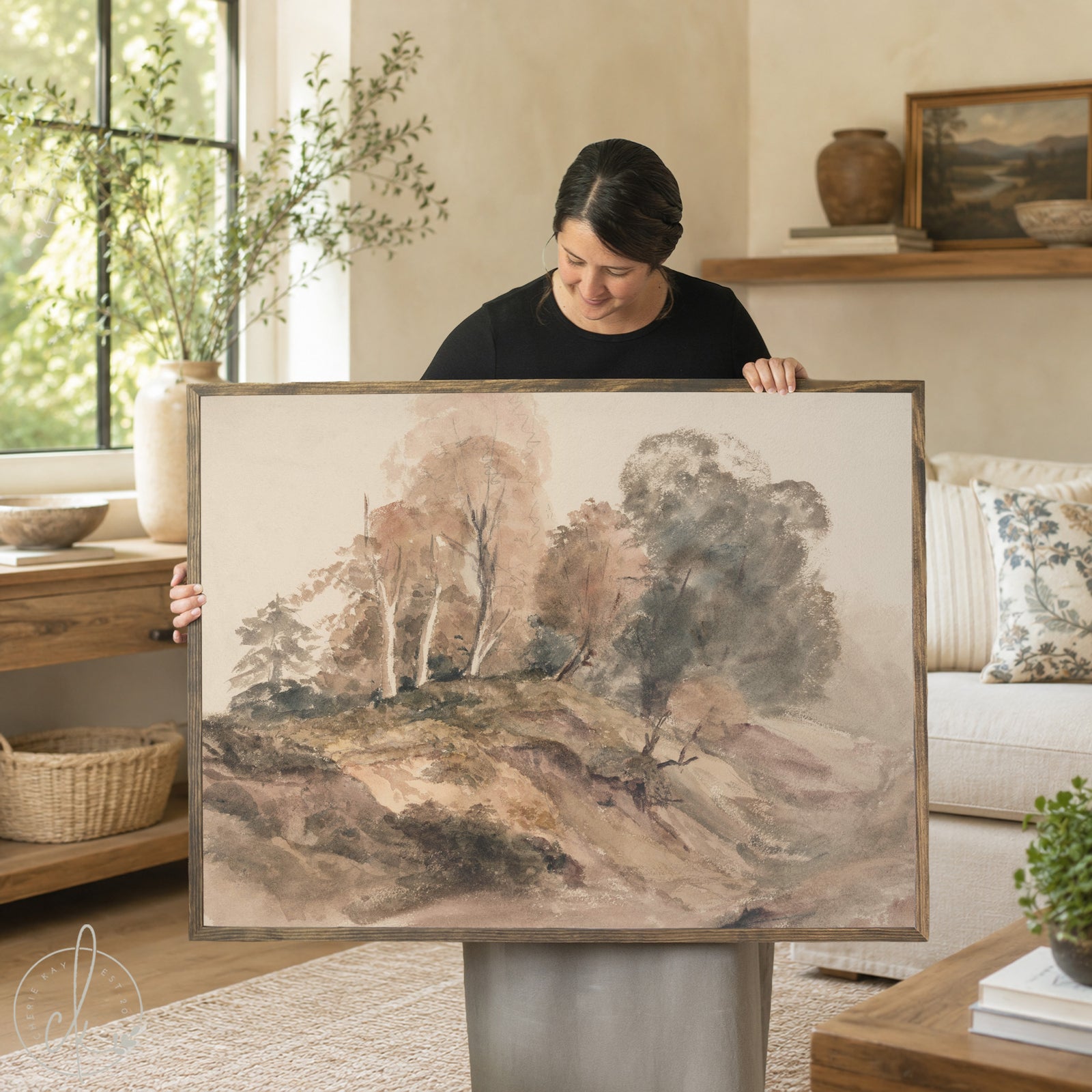 Autumn trees artwork with vivid fall forest scene framed in natural wood for seasonal wall decor