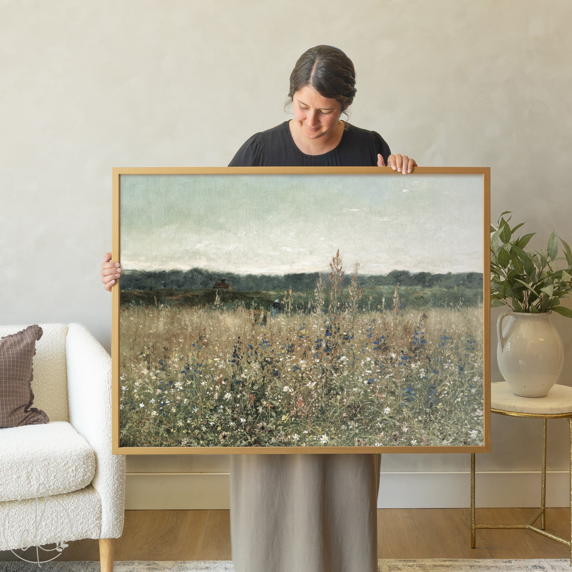 Framed wildflower meadow landscape wall art featuring blue flowers and golden grasses in natural wood frame for home decor