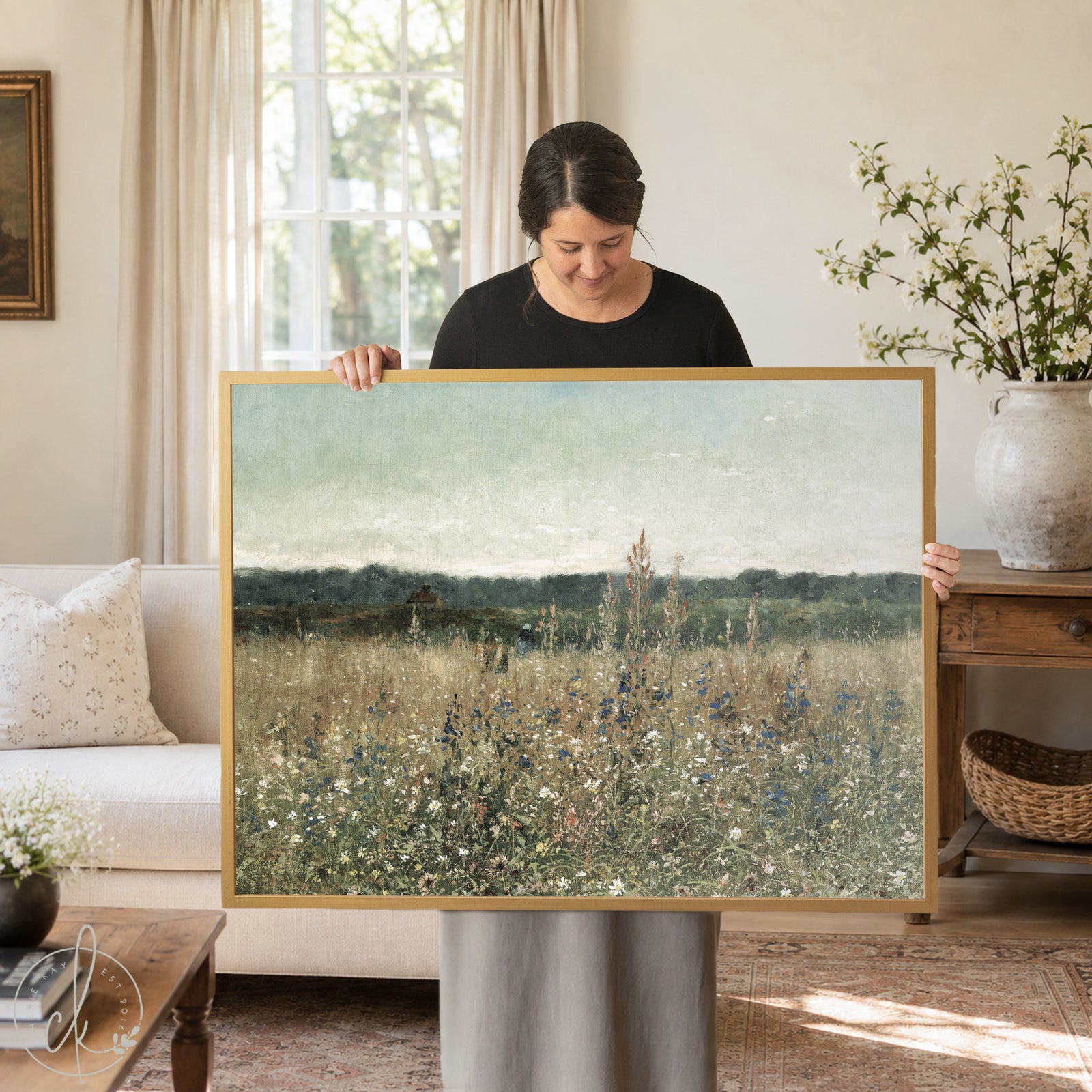 Framed wildflower meadow landscape wall art featuring blue flowers and golden grasses in natural wood frame for home decor