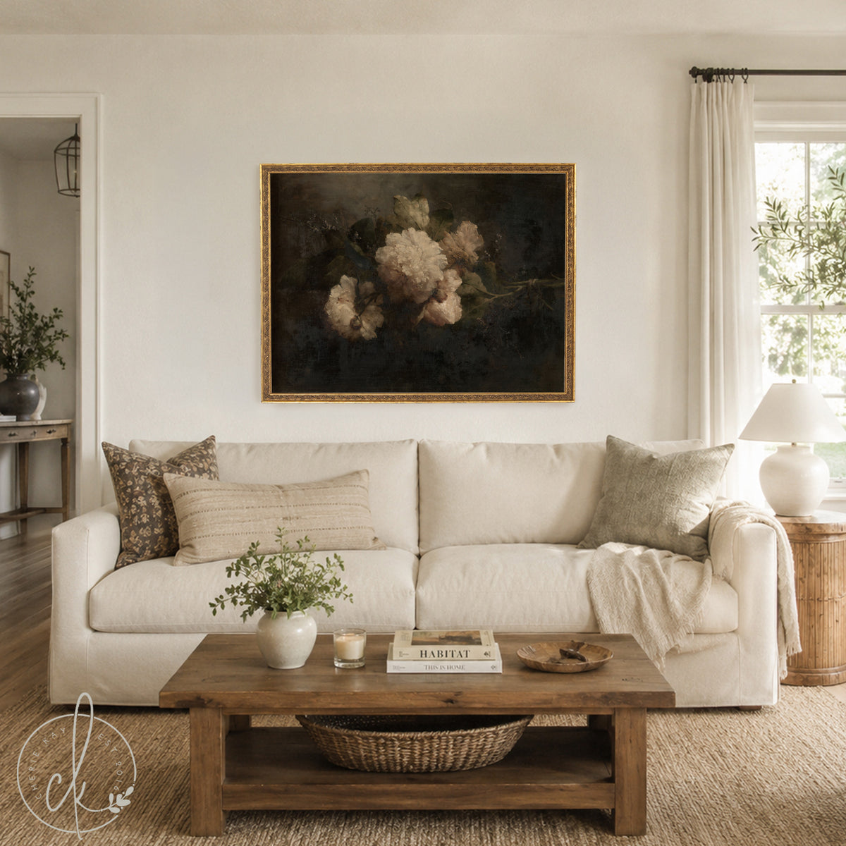 Moody Floral Wall Art | Framed Vintage Peony Painting | N121