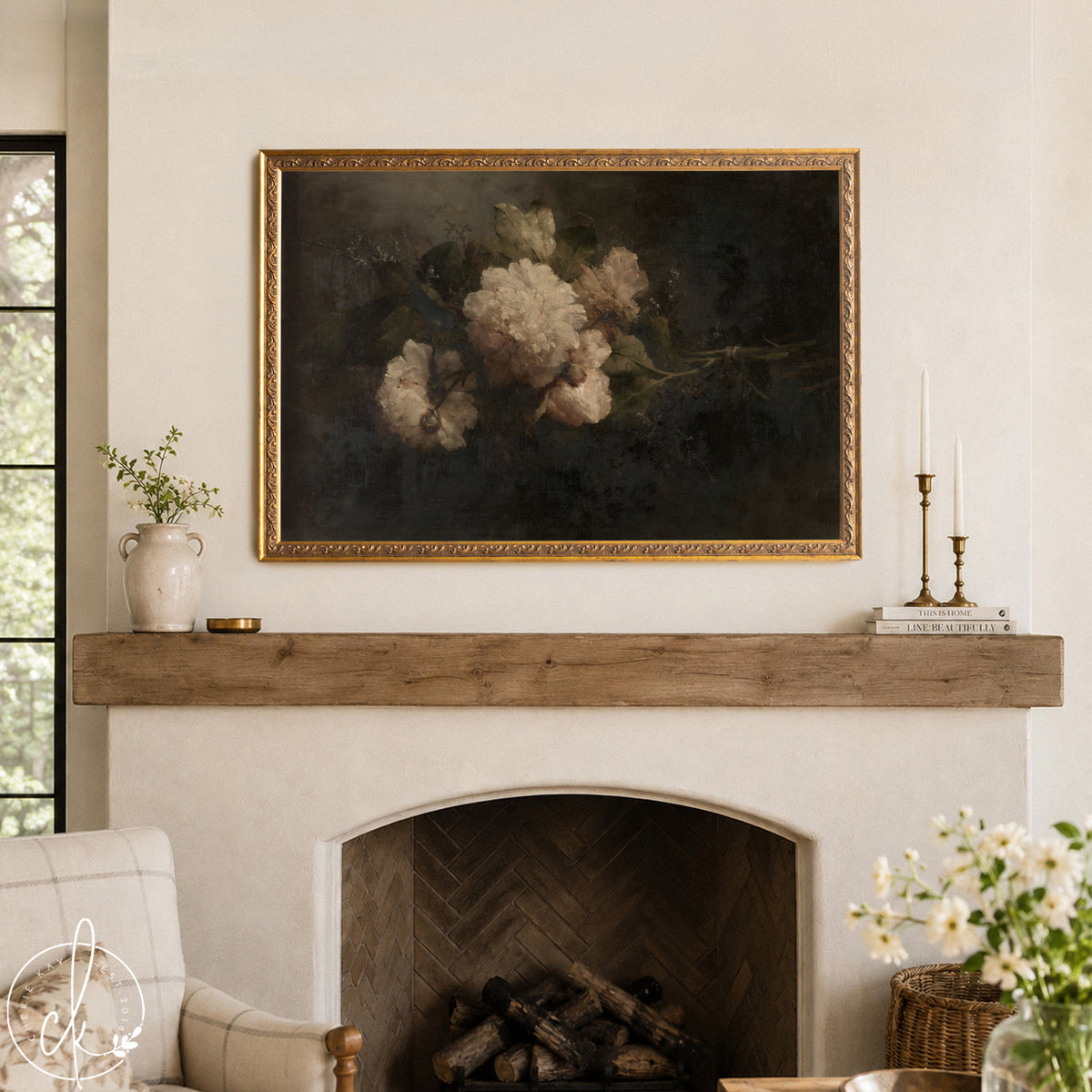 Moody Floral Wall Art | Framed Vintage Peony Painting | N121