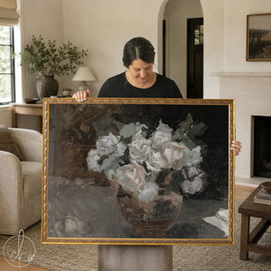 Framed moody floral painting reproduction of white roses in vase, vintage still life wall art.