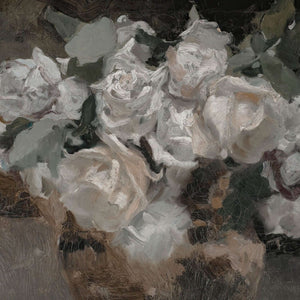 Moody Floral Painting | Framed Vintage Still Life Wall Art | White Roses | N124