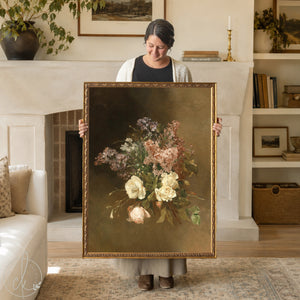 woman holding Bouquet painting of cream roses and lilacs in a gold frame