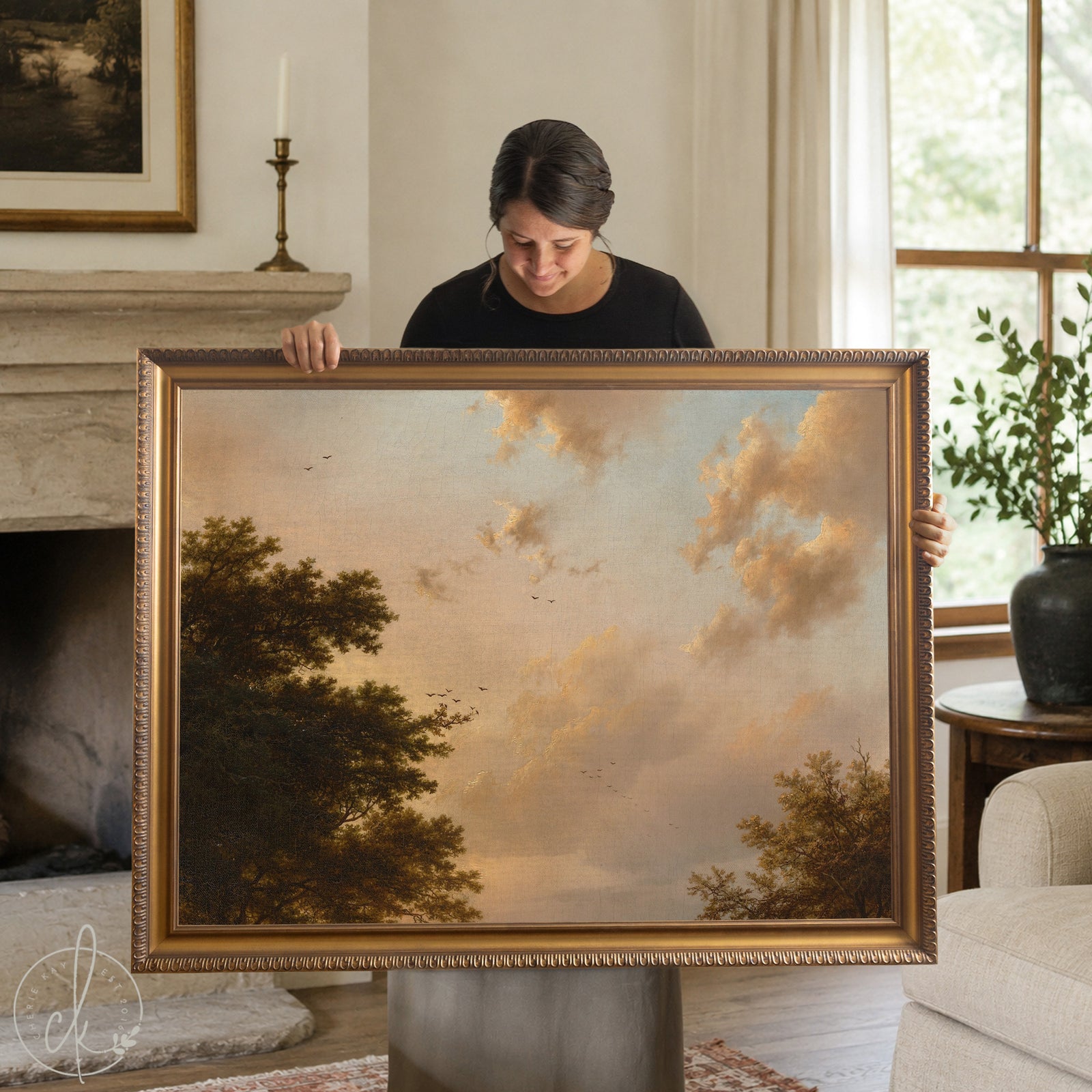 Framed sunset wall art canvas print of a vintage landscape with golden clouds, peach sky, and tall green trees