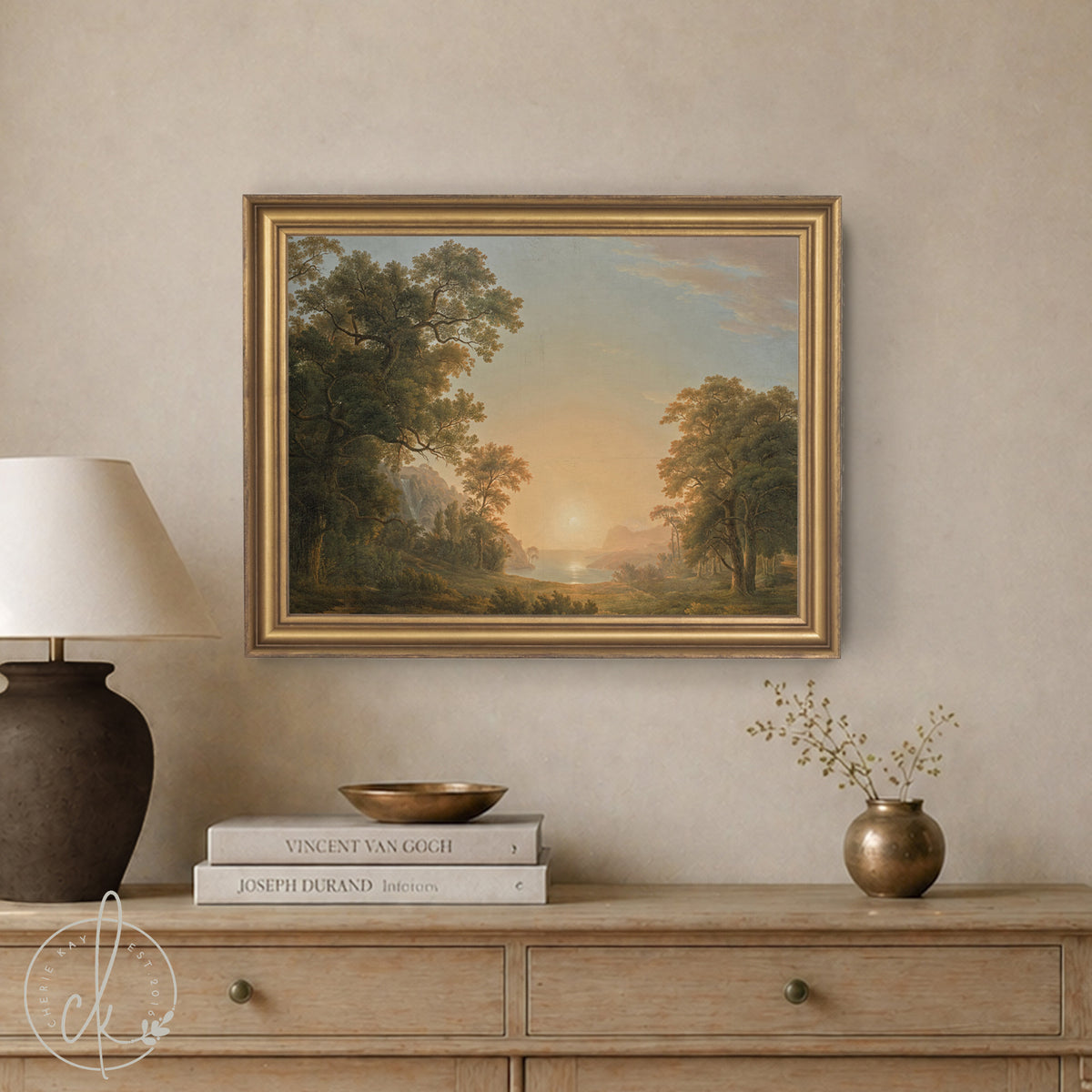 Sunset Artwork | Vintage Lake Landscape Canvas Print in Gold Frame | Large Wall Decor for Living Room or Entryway | N133