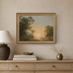 Sunset Artwork | Vintage Lake Landscape Canvas Print in Gold Frame | Large Wall Decor for Living Room or Entryway | N133