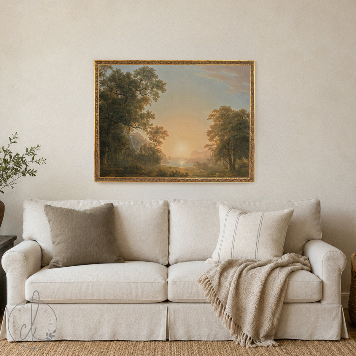 Sunset Artwork | Vintage Lake Landscape Canvas Print in Gold Frame | Large Wall Decor for Living Room or Entryway | N133