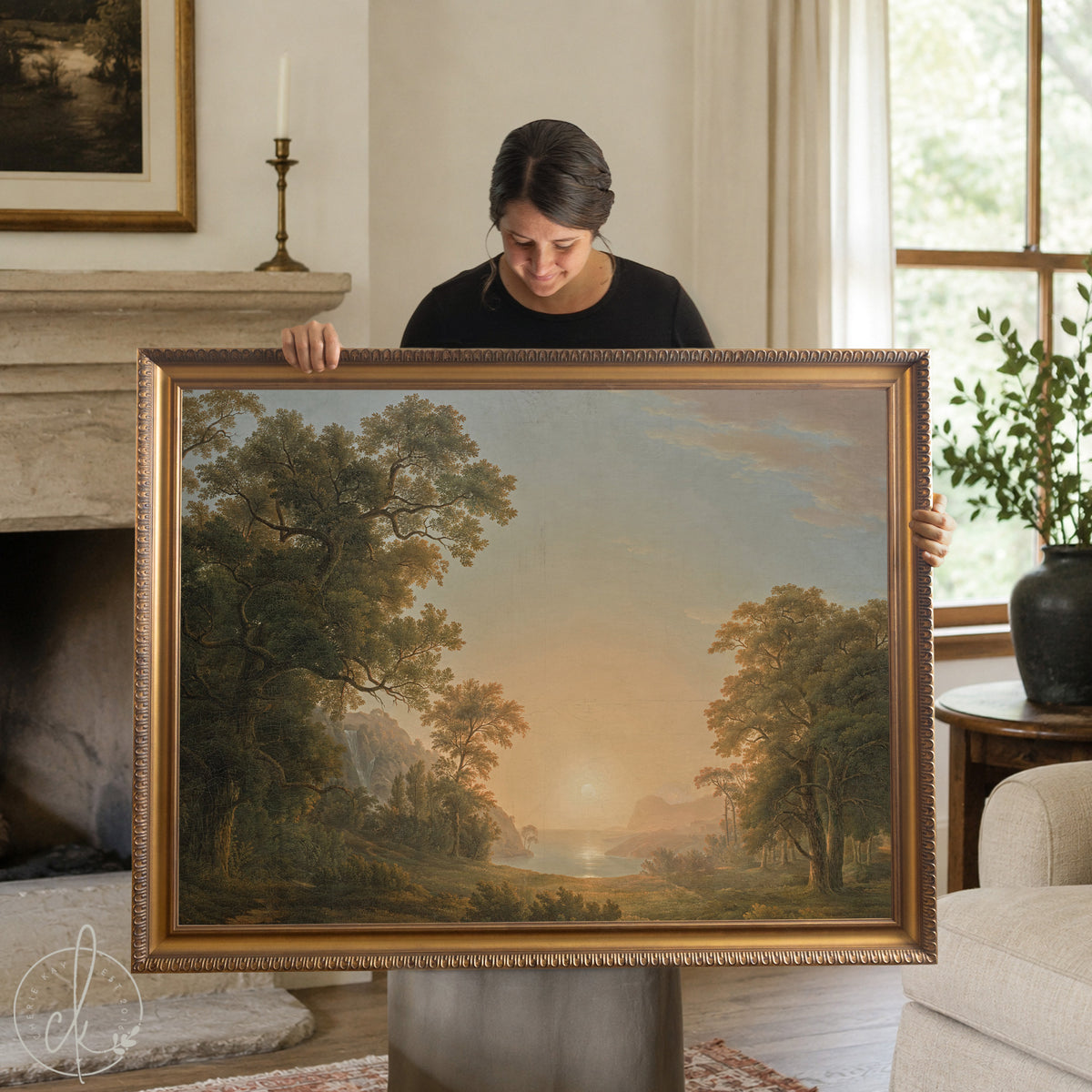 Sunset Artwork | Vintage Lake Landscape Canvas Print in Gold Frame | Large Wall Decor for Living Room or Entryway | N133
