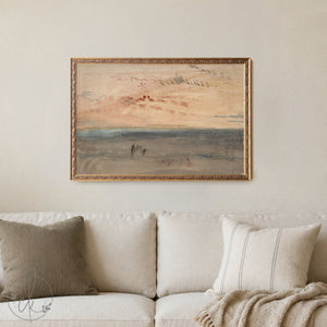 Ocean Sunset Painting | Abstract Watercolor Seascape in an Ornate Gold Frame | Framed Canvas Wall Art | N134