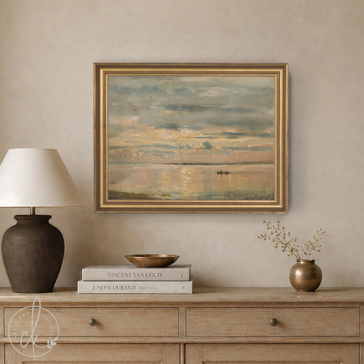 Beach Sunset Art | Vintage Coastal Landscape | Pastel Seascape on Framed Canvas | N137