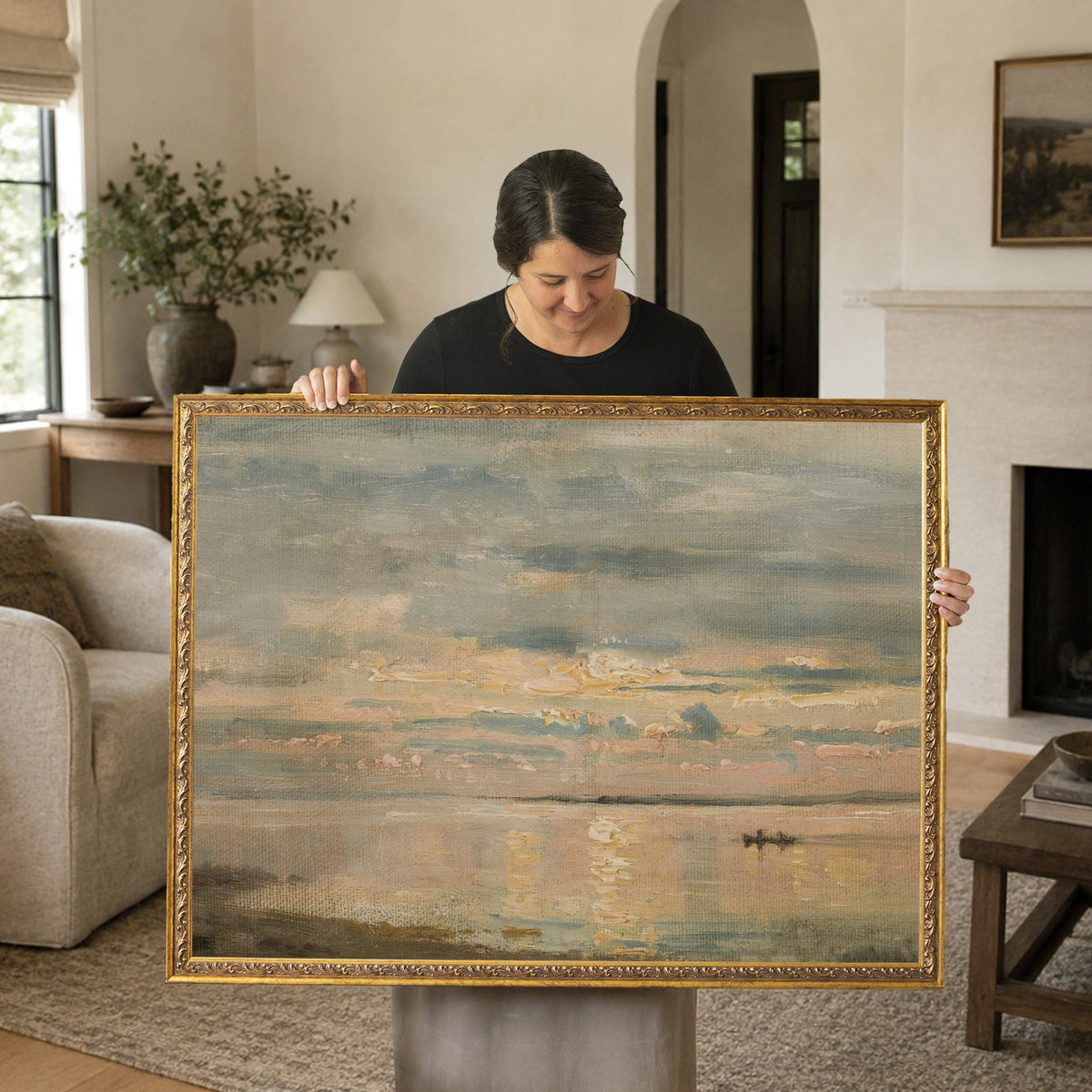 Beach Sunset Art | Vintage Coastal Landscape | Pastel Seascape on Framed Canvas | N137
