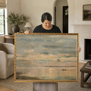 Beach Sunset Art | Vintage Coastal Landscape | Pastel Seascape on Framed Canvas | N137