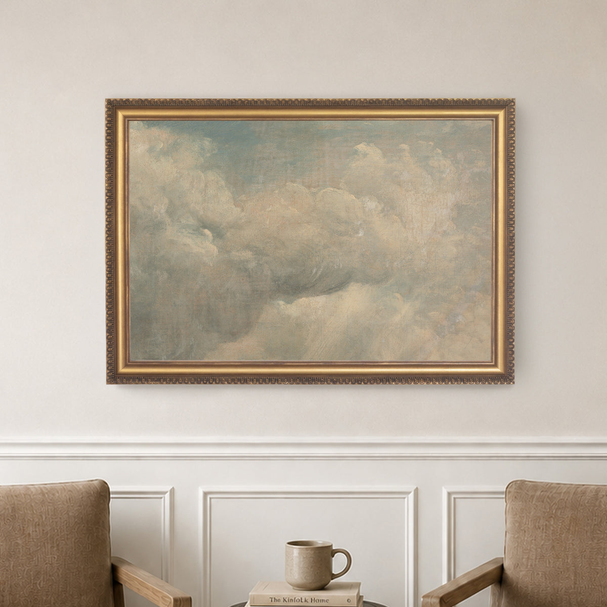 Vintage Cloud Painting | Sunlit Sky Wall Art | Framed Cloud Decor for Living Room | N139