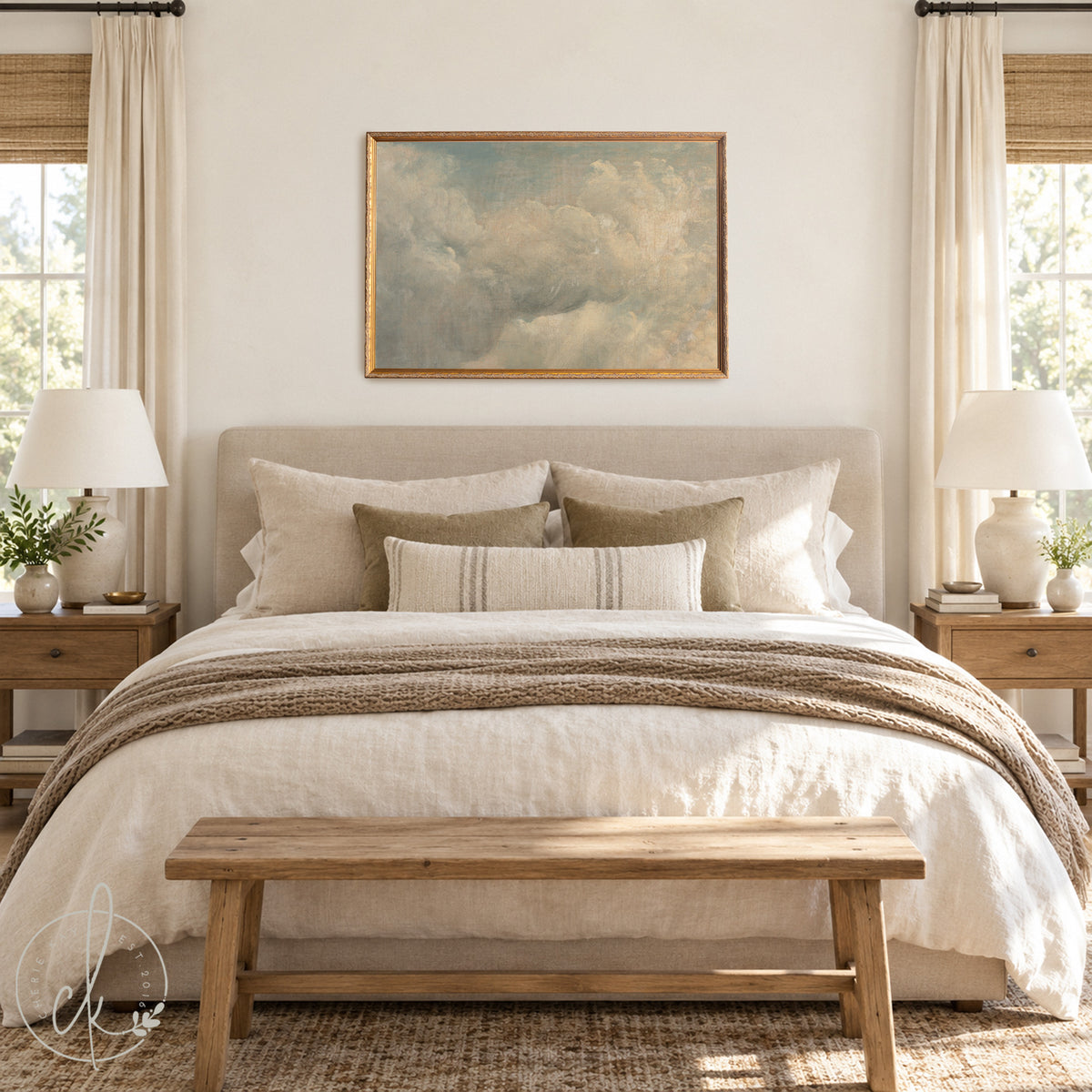 Vintage Cloud Painting | Sunlit Sky Wall Art | Framed Cloud Decor for Living Room | N139