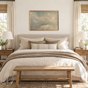 Vintage Cloud Painting | Sunlit Sky Wall Art | Framed Cloud Decor for Living Room | N139
