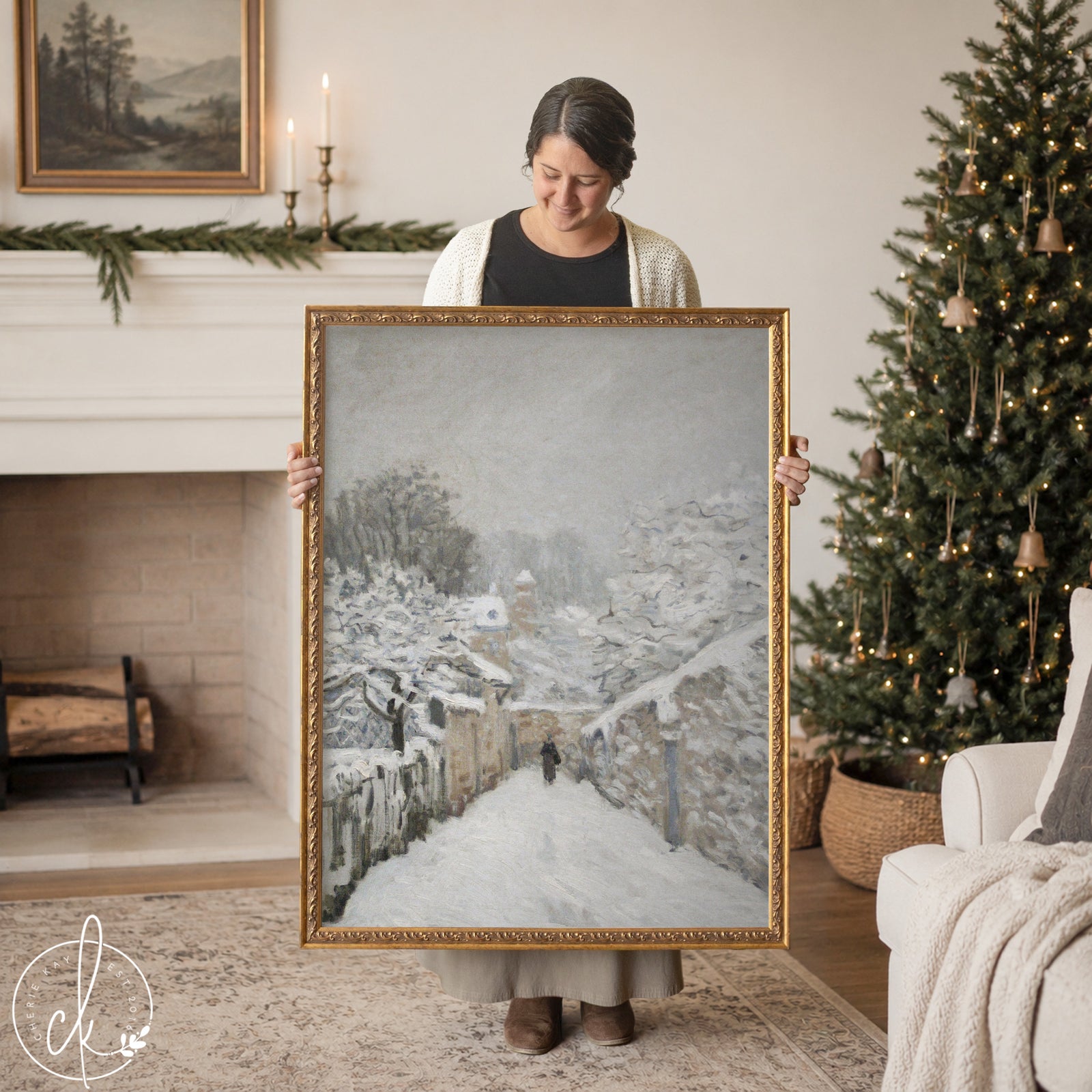 Framed winter village painting wall art featuring Snow at Louveciennes by Alfred Sisley.