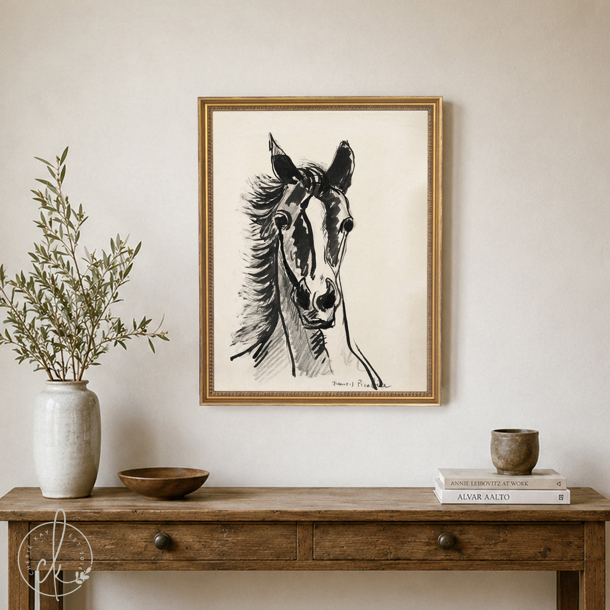 Black and White Horse Art | Framed Horse Sketch Print | Modern Equestrian Wall Decor | N144