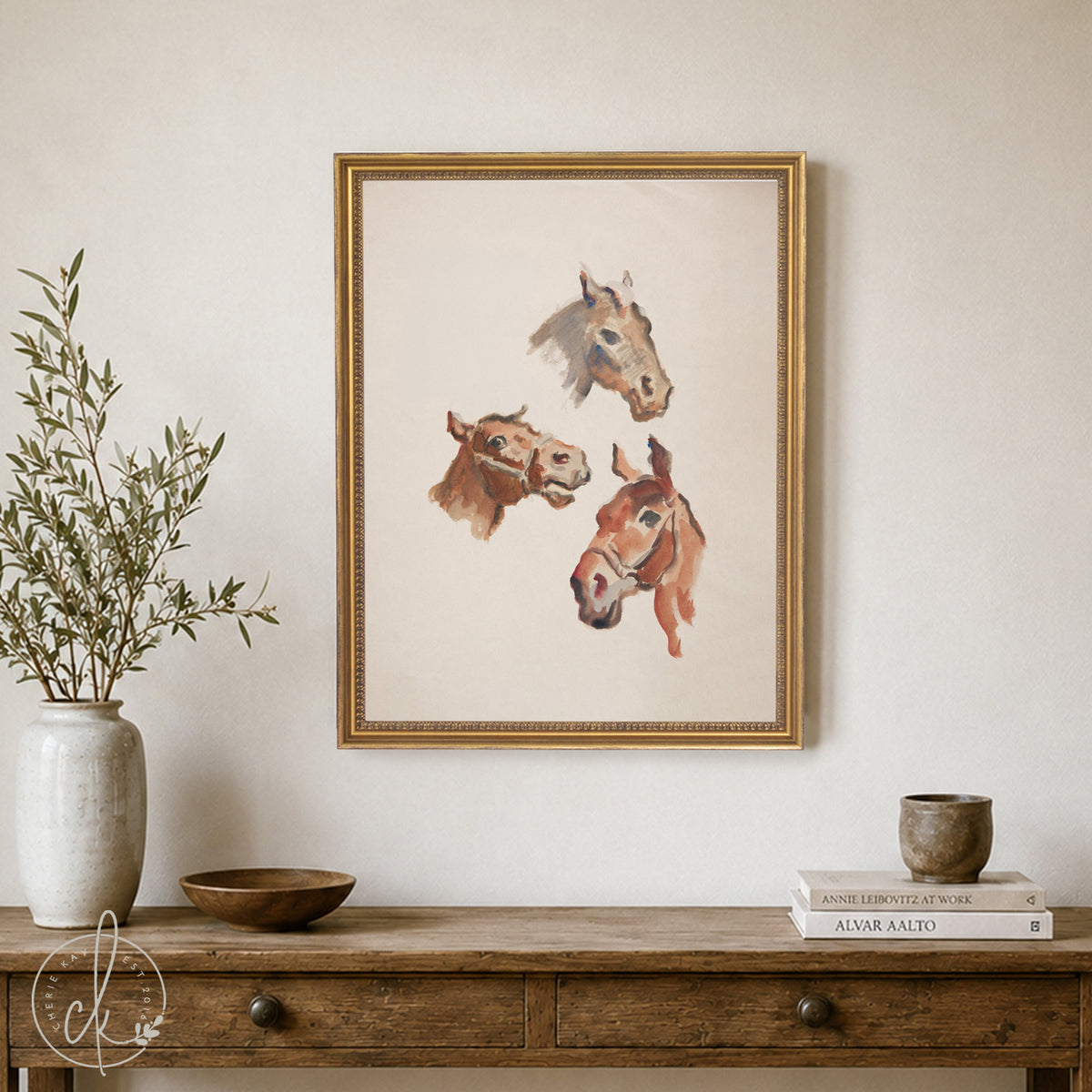 Horse Print | Framed Vintage Equestrian Canvas | Three Horse Portrait Wall Art | N145
