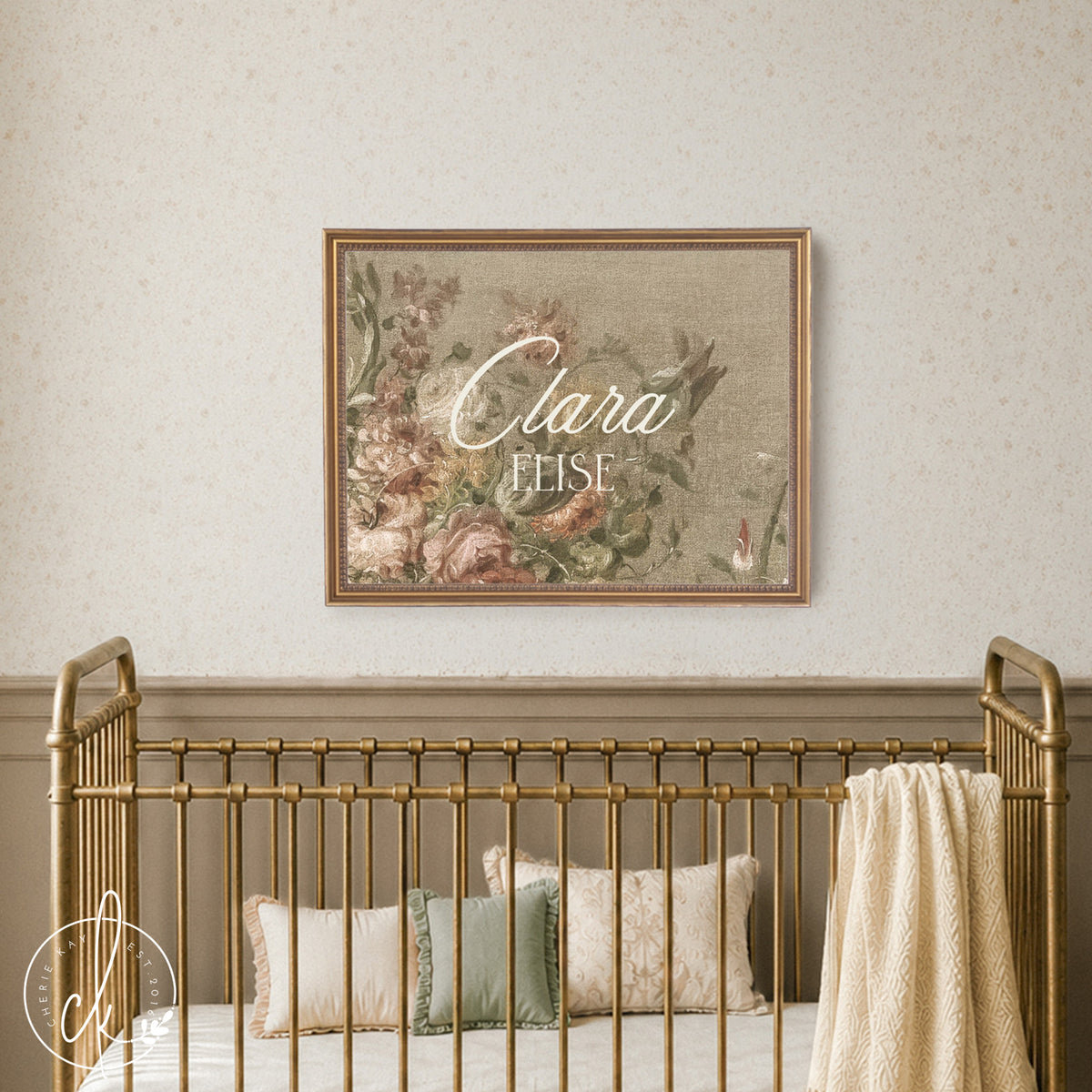 Victorian Nursery Name Sign | Personalized Baby Girl Canvas in Gold Frame | Antique Floral Decor Over the Crib | N147 | N147