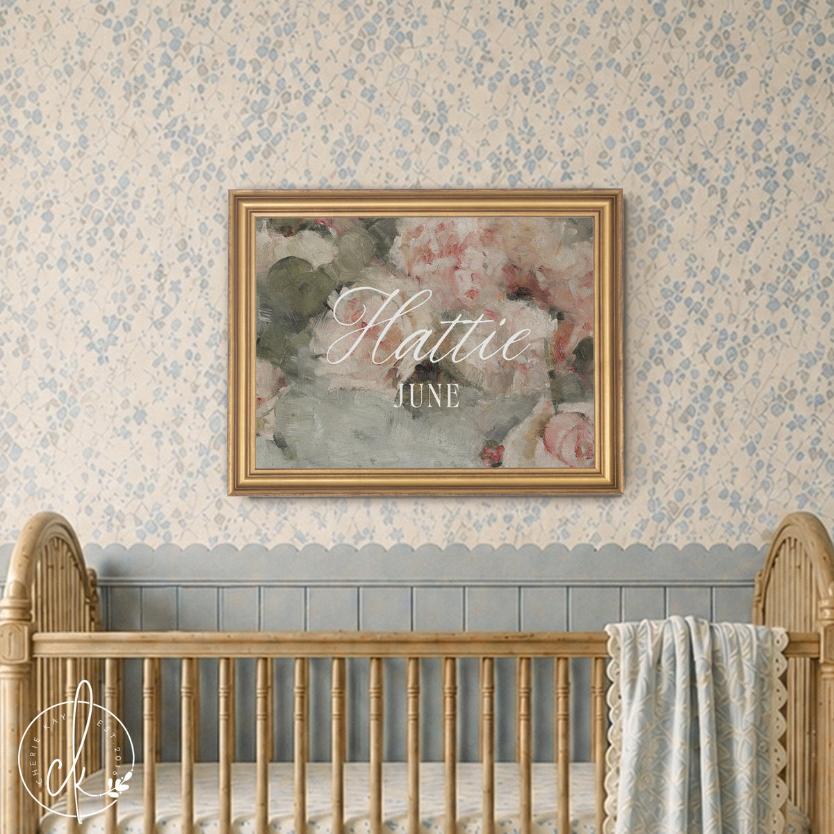 Flower Nursery Decor | Custom Name Sign with Vintage Peony Art | Personalized Baby Girl Gift in Gold Frame | N148